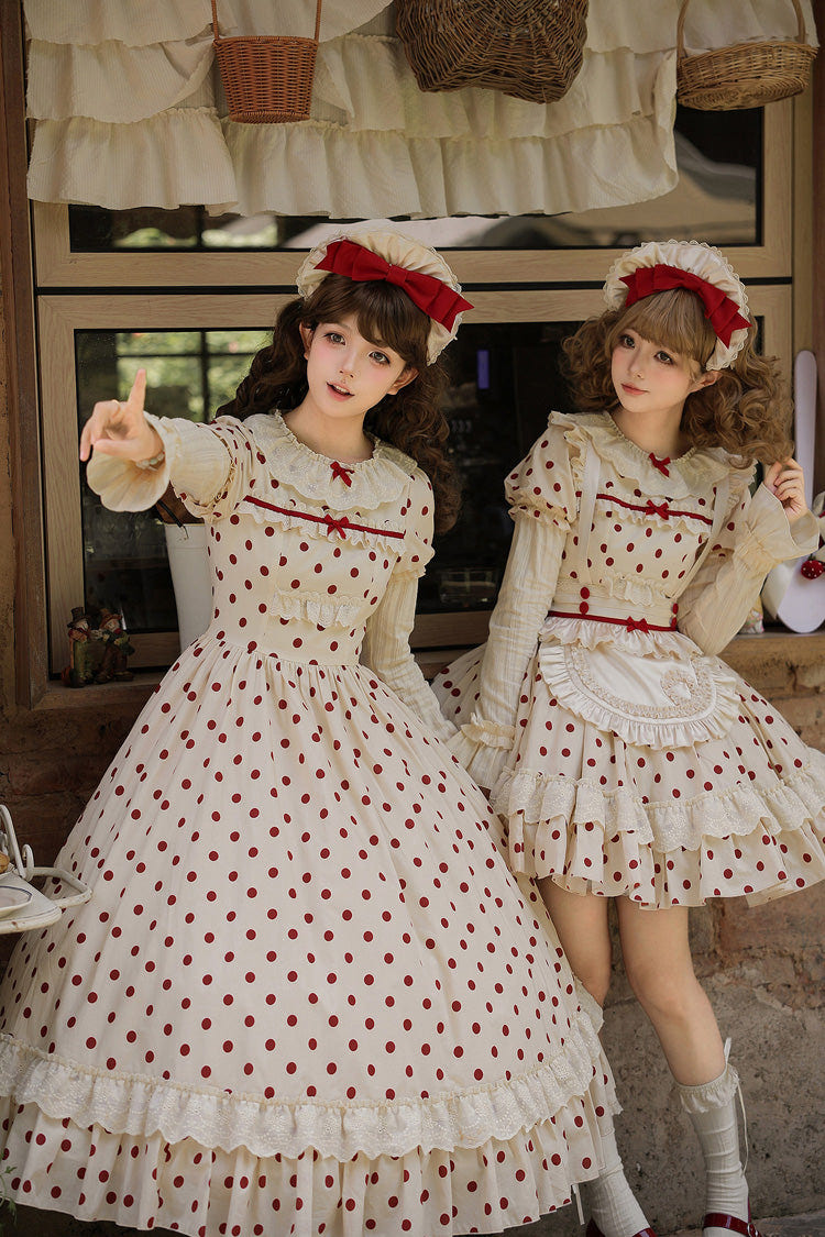Apricot [Lollipop] Cotton Round Collar Long Lantern Sleeves Polka Dot Printed Ruffled Bow Lace Sweet Elegant Lolita Dress 2 Versions - Product - 10