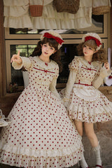Apricot [Lollipop] Cotton Round Collar Long Lantern Sleeves Polka Dot Printed Ruffled Bow Lace Sweet Elegant Lolita Dress 2 Versions - Product - 10