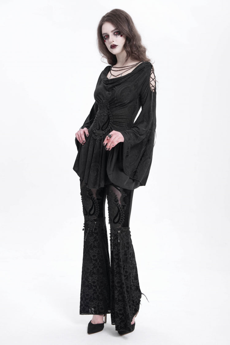 Black Hollow Floral Embroidery Women's Gothic Flared Pants - Product - 7