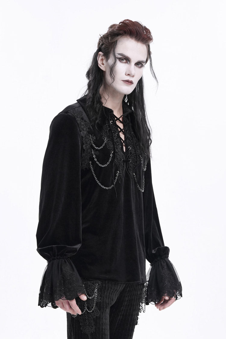 Black V Collar Long Sleeves Lace-Up Chain Men's Gothic Blouse - Product - 6