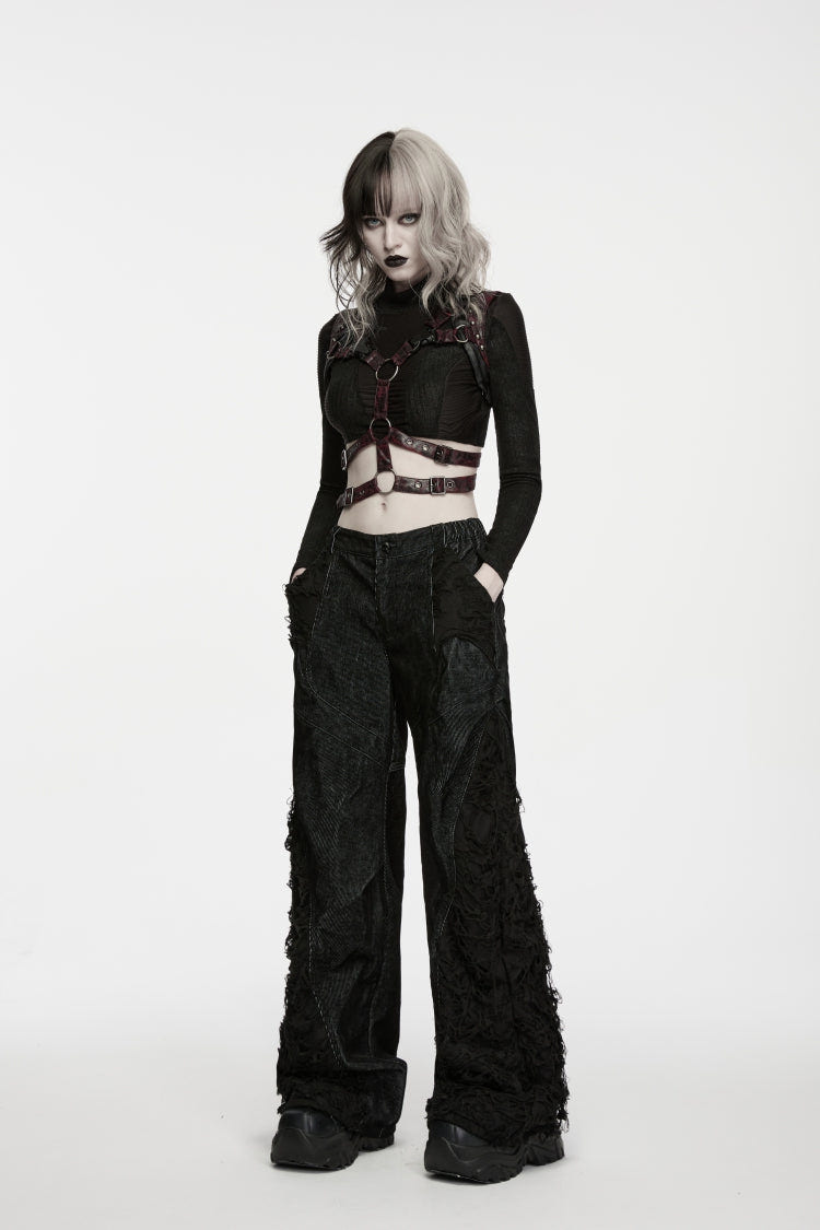 Black Patchwork Ripped Pleated Women's Punk Wide Leg Pants - Black - 1