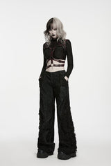 Black Patchwork Ripped Pleated Women's Punk Wide Leg Pants - Black - 1