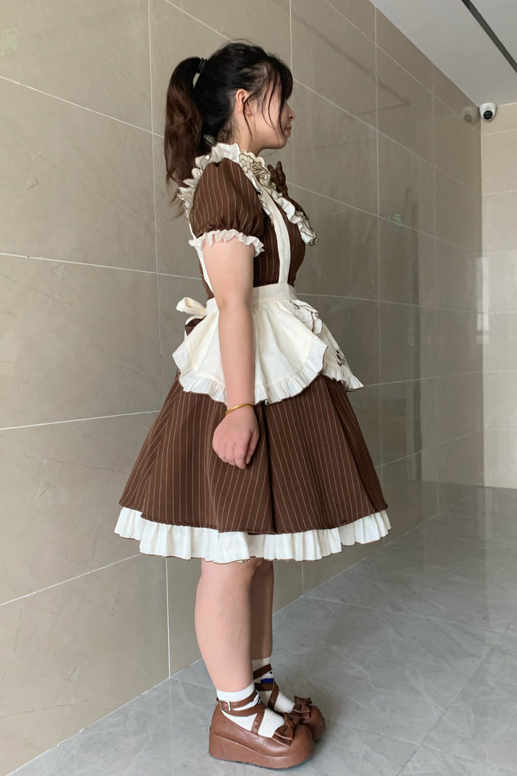 Brown Short Sleeves Stripe Print Ruffle Bowknot Sweet Plus Size Maid Lolita Dress - Product - 2
