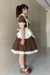 Brown Short Sleeves Stripe Print Ruffle Bowknot Sweet Plus Size Maid Lolita Dress - Product - 2