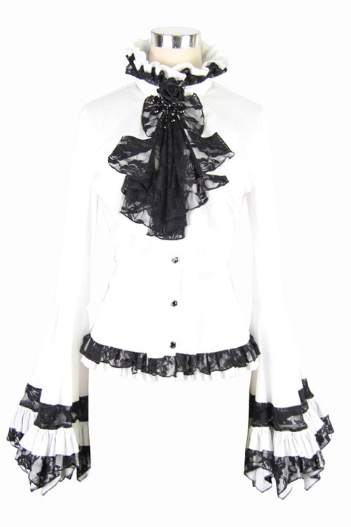 White VintageTrumpet Sleeves Back Bandage Womens Gothic Blouse - Product - 5