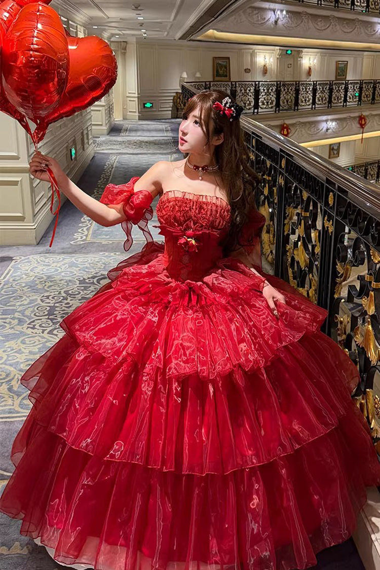 Red [Mousse Love Song] Sleeveless Multi-Layered Ruffled Hanayome Bow Sweet Lolita Dress - Red - 1