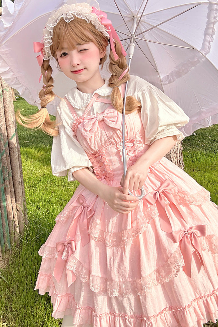 Pink [Miss Pearl] Sleeveless Double-Layered Bowknot Lace Lace-Up Sweet Lolita Jsk Dress - Product - 2