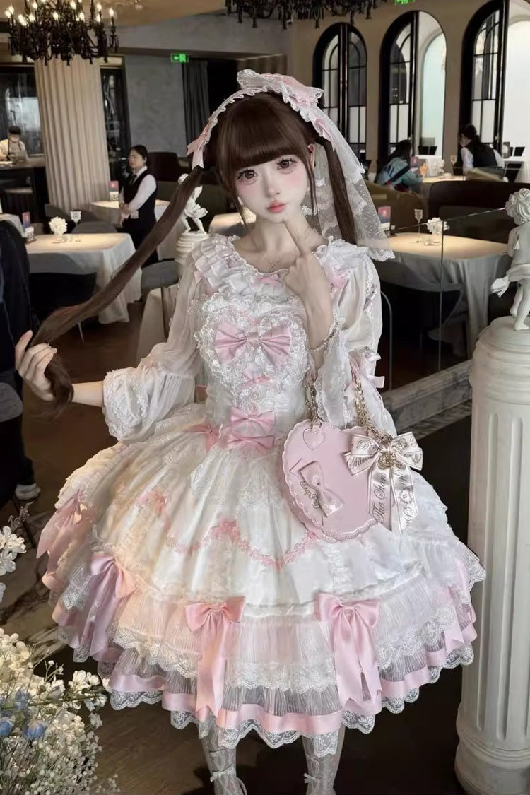 Pink/White Scarlet Heart Cocoa Sleeveless Triple-Layered Ruffle Embroidery Bowknot Lace Sweet (Dress Only) detail view 5