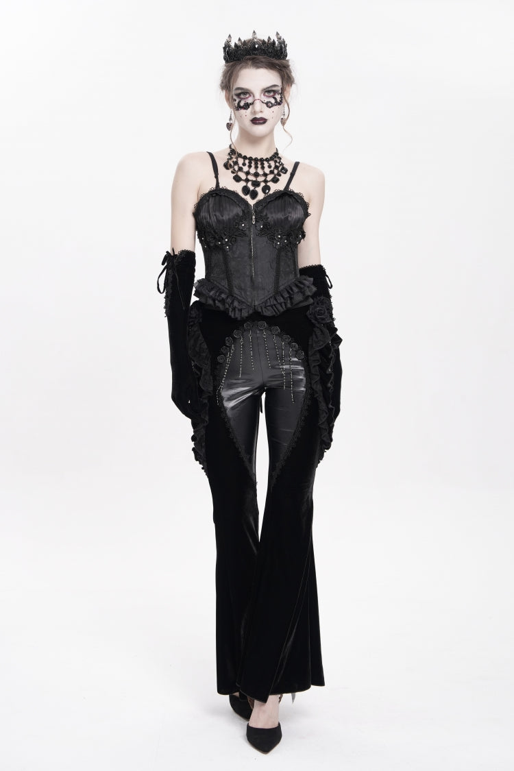 Black Ruffled Spliced Women's Gothic Floral Faux Leather&Velvet Ruffle Pants - Black - 1