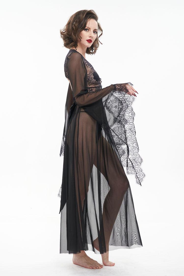 Black Perspective V-Neck Sexy Backless Lace Up Lace Flare Sleeve Women's Gothic Dress - Product - 5