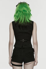 Black V Collar Sleeveless Embossed Printed Studded Zippered Women's Punk Vest - Product - 3