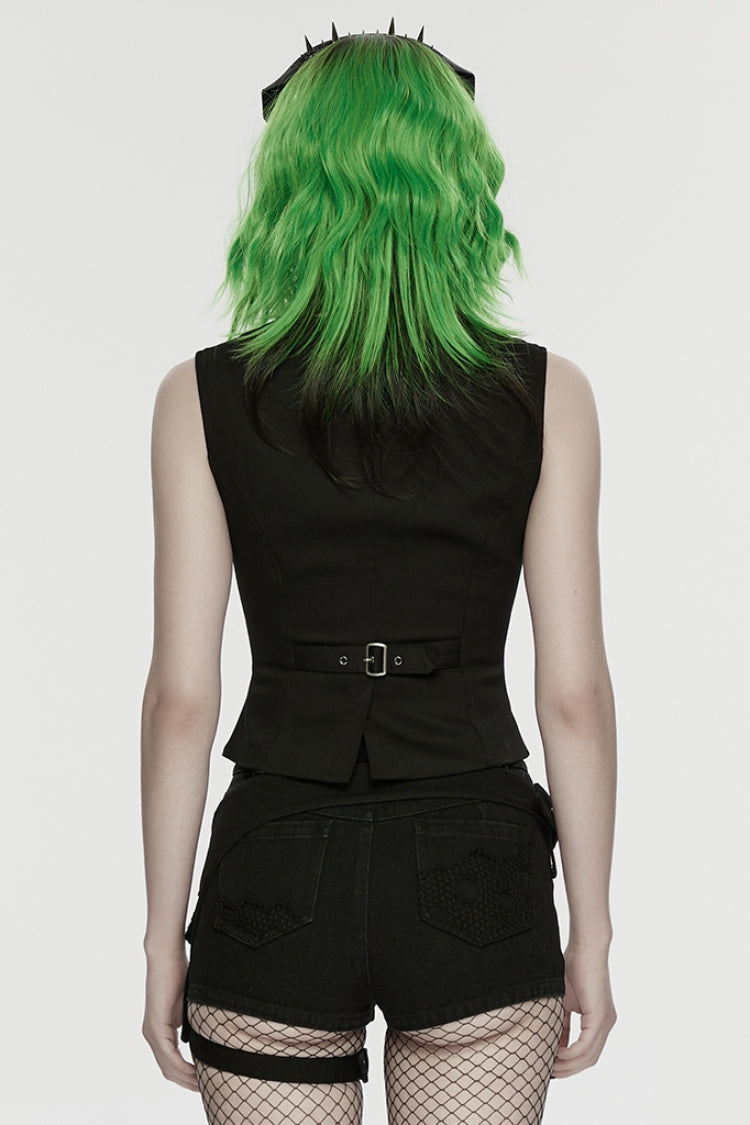 Black V Collar Sleeveless Embossed Printed Studded Zippered Women's Punk Vest - Product - 3