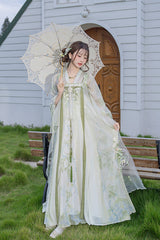 Green [Jade Green Grapes] High Waisted Embroidered Women's Sweet Hanfu Dress Set - Product - 3