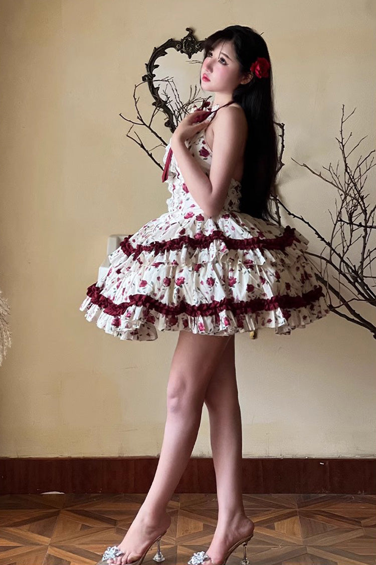 Red/White Halterneck Romantic Rose Print Ruffle Bowknot Sweet Chinese Style Lolita Dress - Product - 5