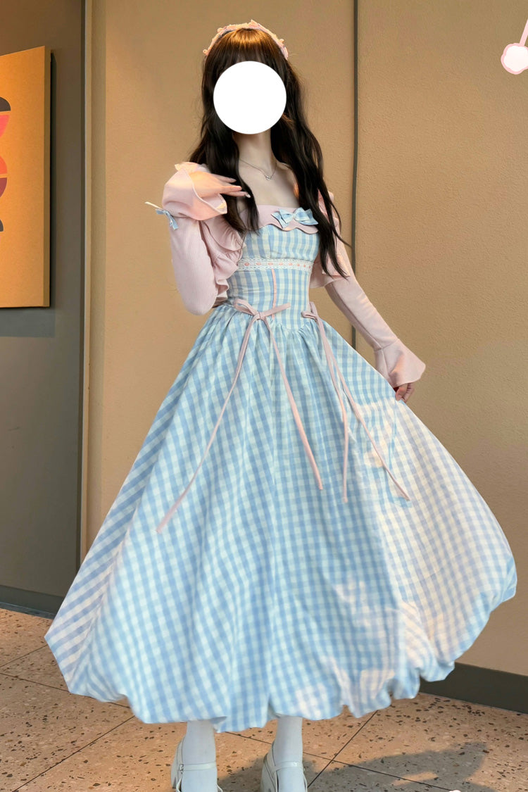 Blue [Sea Salt Strawberries] Sleeveless Plaid Print Bowknot Sweet Lolita Jsk Long Dress - Blue - 1