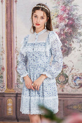 Blue Chiffon Stand Collar French Lace Floral Embroidered Trumpet Long Sleeves Ruffled Sweet Lolita OP Dress - Product - 3