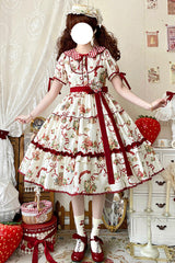 [Bear's Strawberry Garden] Lapel Collar Short Sleeves Print Bowknot Sweet Lolita Dress 4 Colors - Beige - 1