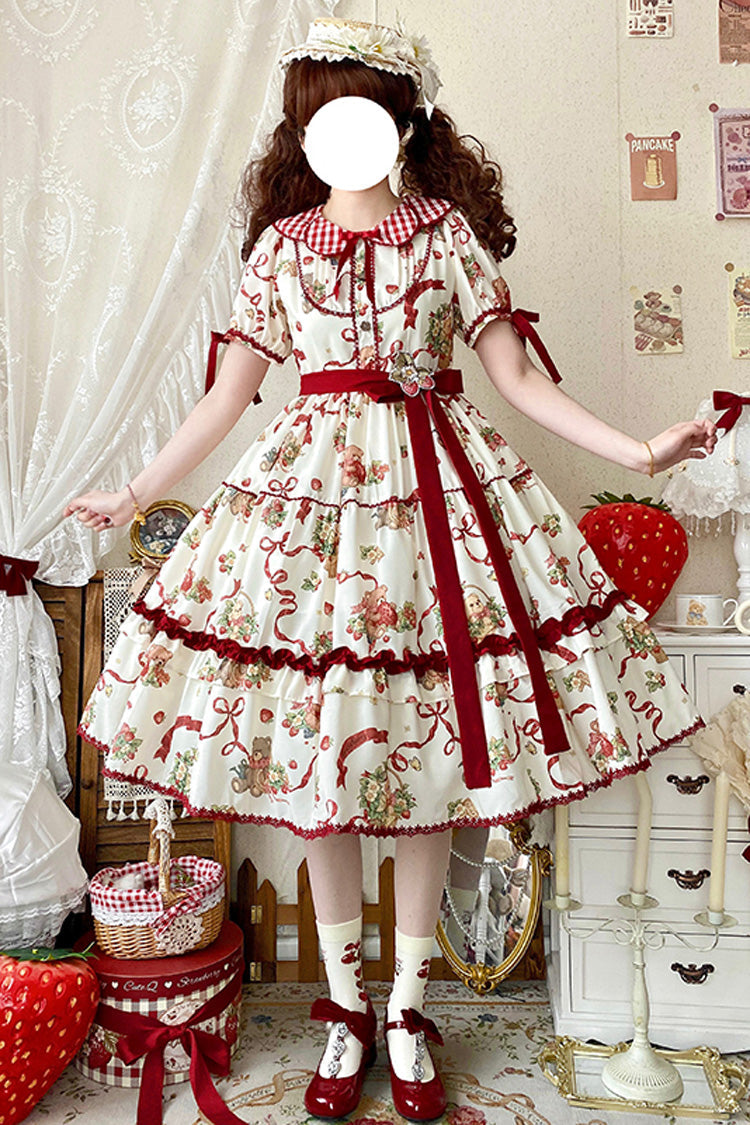 [Bear's Strawberry Garden] Lapel Collar Short Sleeves Print Bowknot Sweet Lolita Dress 4 Colors - Beige - 1