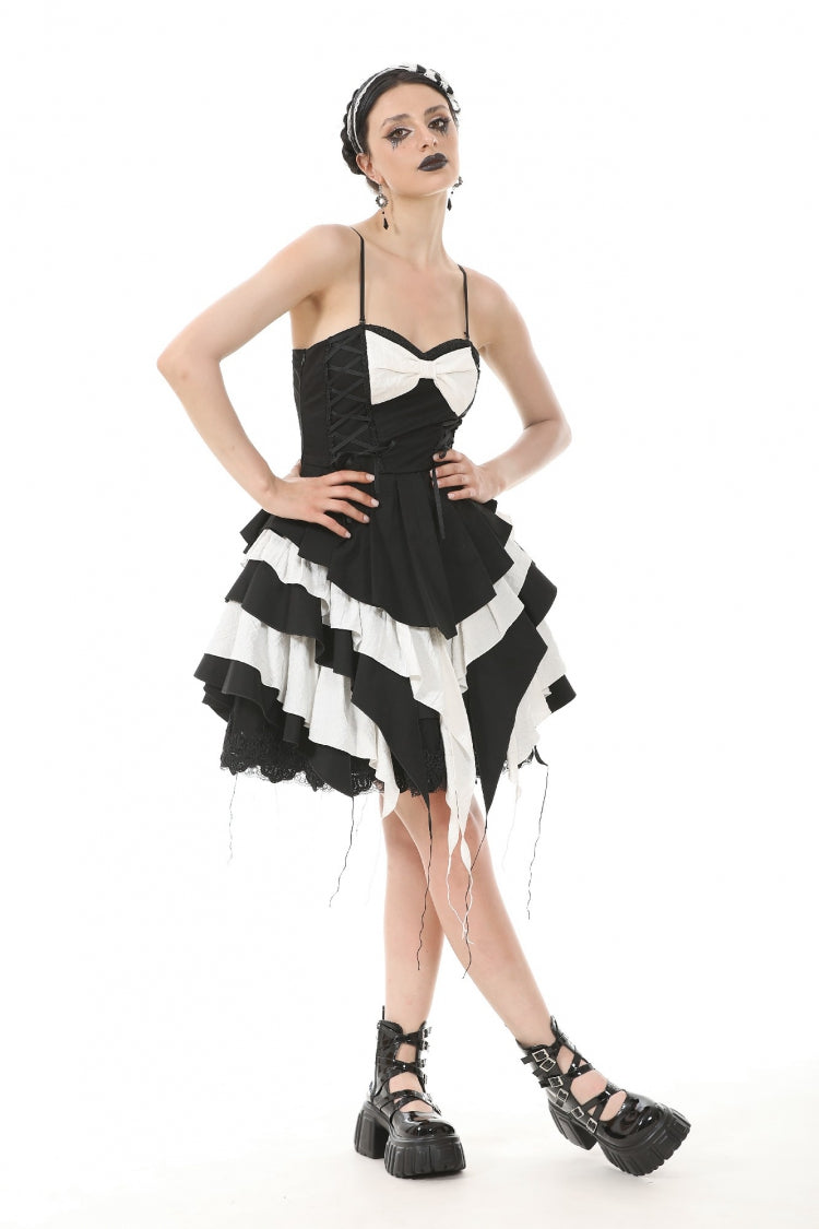 Black/White Sleeveless Multi-Layered Ruffled Bowknot Women's Gothic Slip Dress - Product - 7