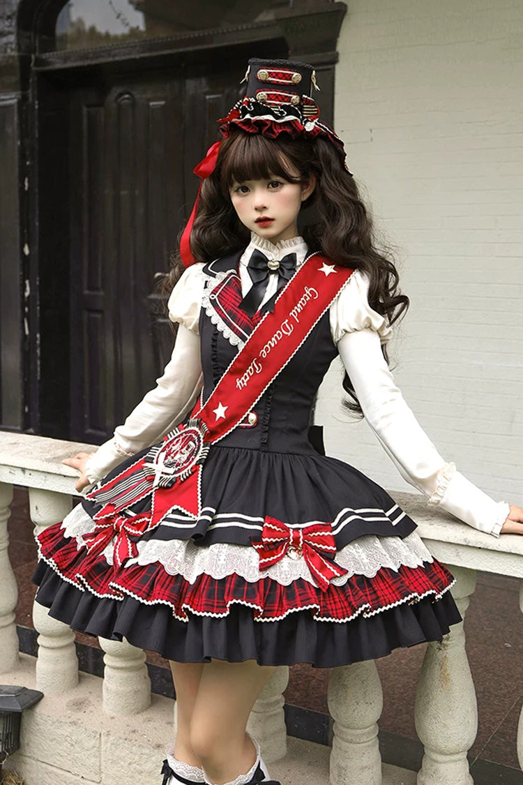 Black [Honor Guard Gala] V Collar Multi-Layered Printed Ruffled Bow Classic Gothic College Style Lolita Jsk Dress - Black(Dress-Only) - 1