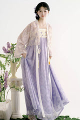 Purple/Apricot [Rain Dream] Long Sleeves High Waisted Printed Embroidered Women's Sweet Hanfu Dress Set - Product - 3