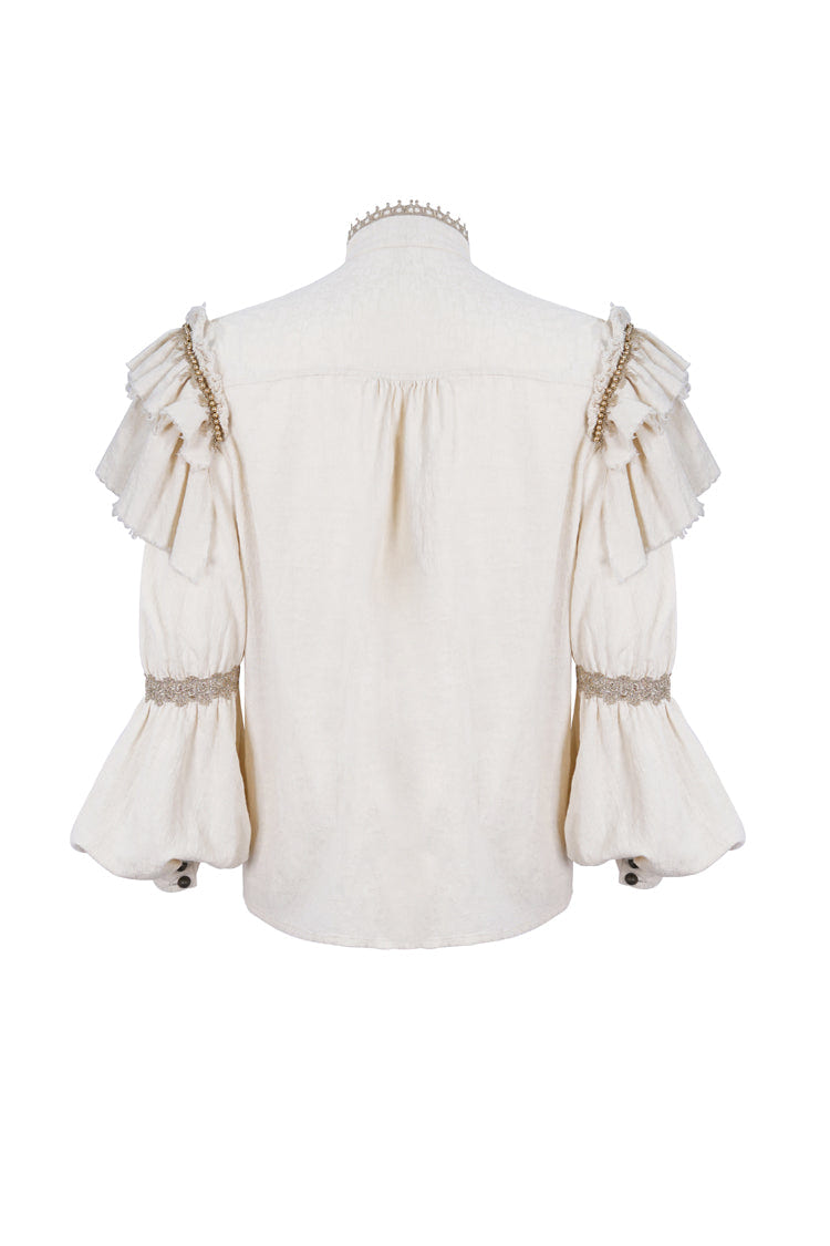 Beige Stand Collar Lantern Sleeves Multi-layer Ruffle Men's Gothic Blouse - Product - 7
