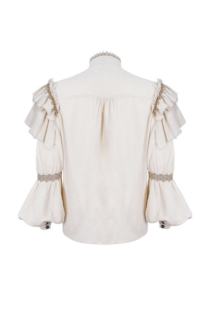 Beige Stand Collar Lantern Sleeves Multi-layer Ruffle Men's Gothic Blouse - Product - 7