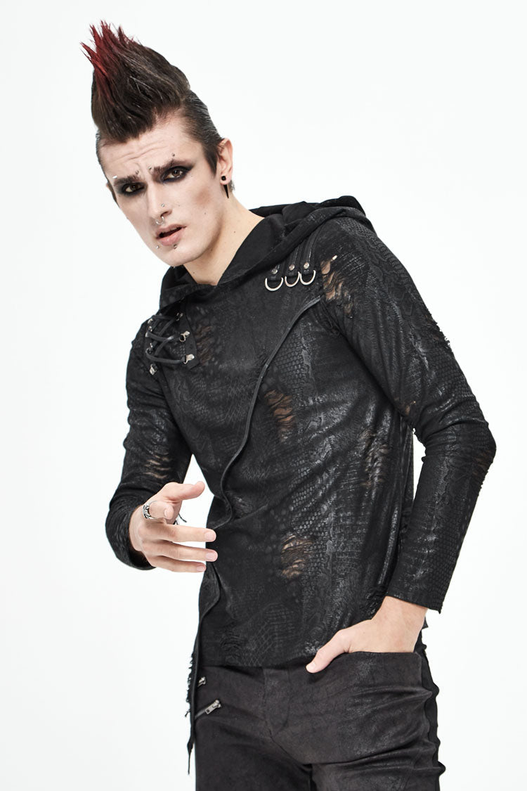 Black Broken Holes Knit Shoulder Lace-Up Irregular Hem Hooded Men's Punk T-Shirt - Product - 3