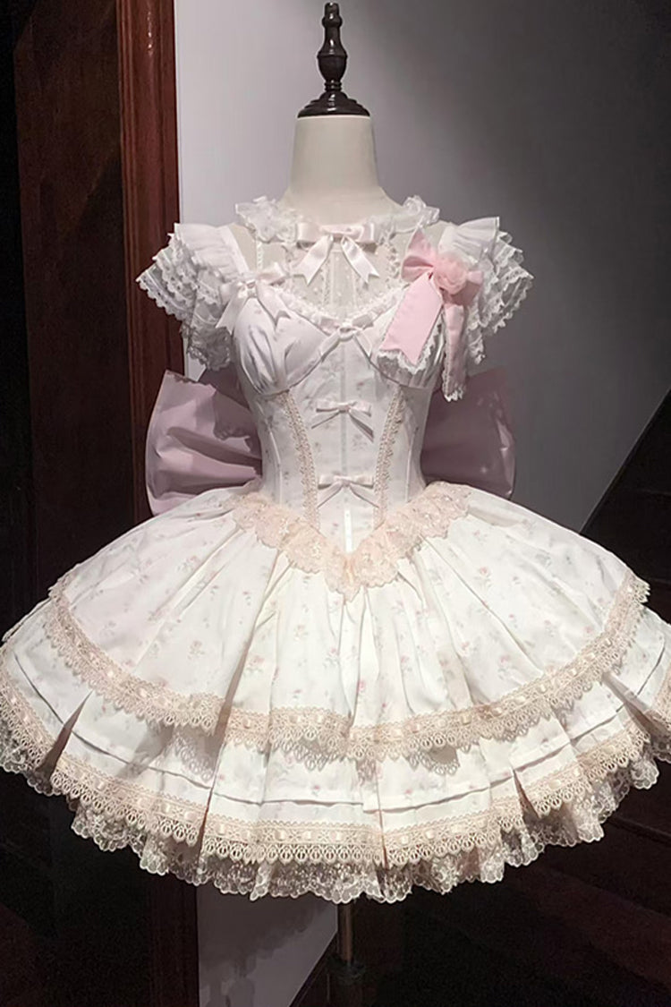 Pink [First Love Rose] Multi-Layered Print Ruffle Bowknot Lace Sweet Lolita Jsk Dress Set - Product - 3