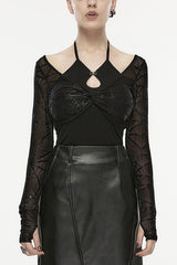 Black Spider Web Print Hollow Halter Neck Women's Punk Two-Piece Set (T-Shirt and Vest) - Black - 1