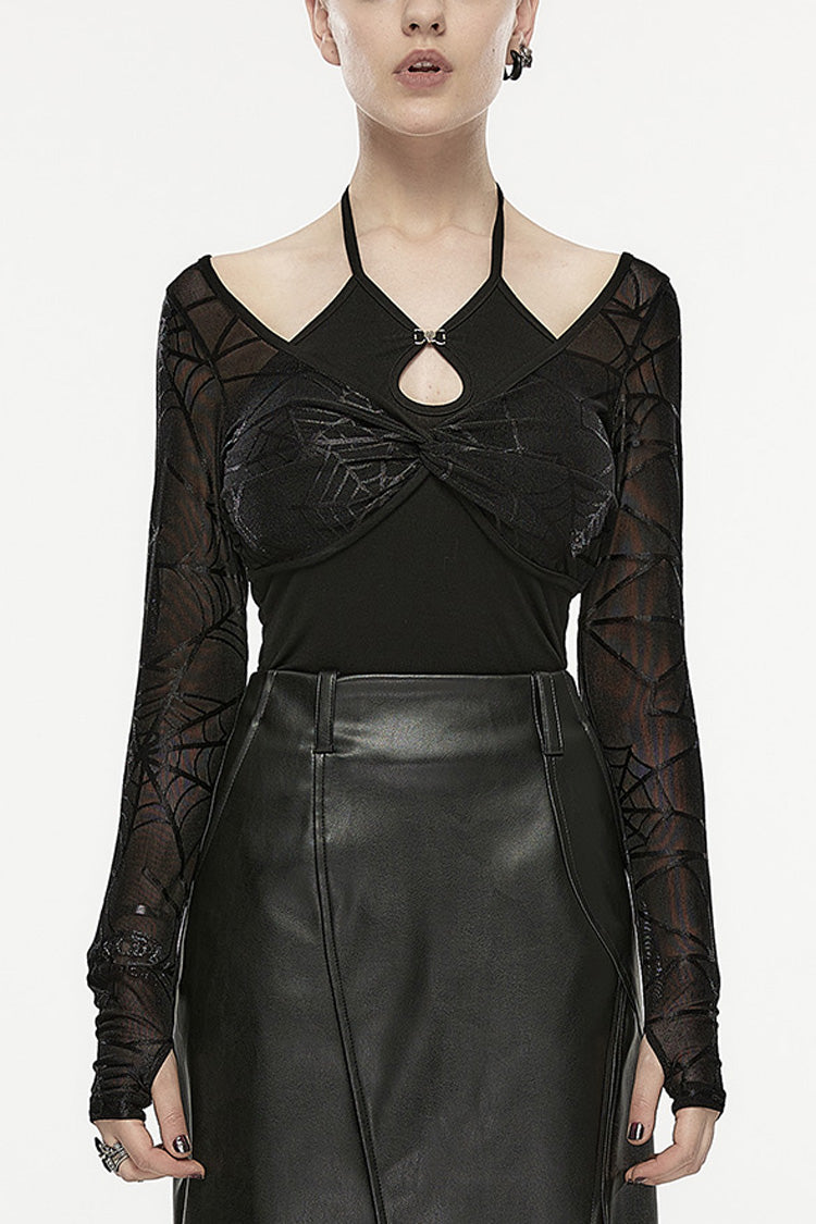 Black Spider Web Print Hollow Halter Neck Women's Punk Two-Piece Set (T-Shirt and Vest) - Black - 1