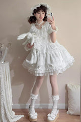 White [Layered Buttercream Frosting] Short Sleeves Ruffle Bowknot Lace Sweet Lolita Dress - White - 1