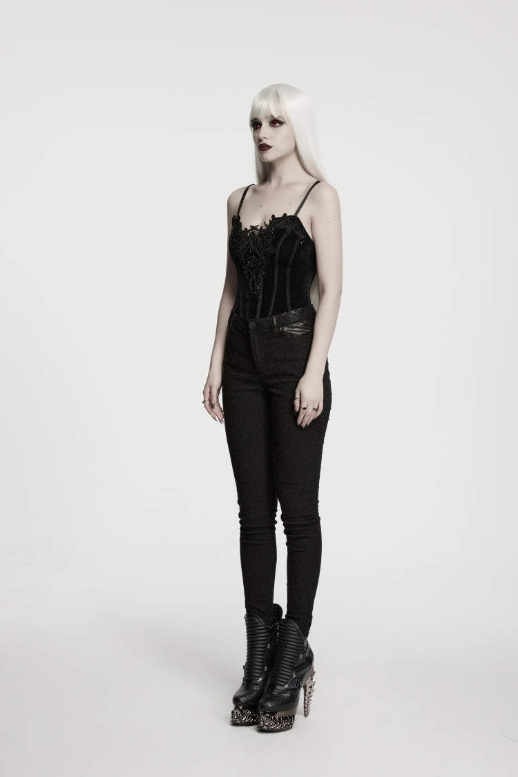 Black Jacquard Slim Fit Women's Gothic Cool Cosplay Pants - Product - 3