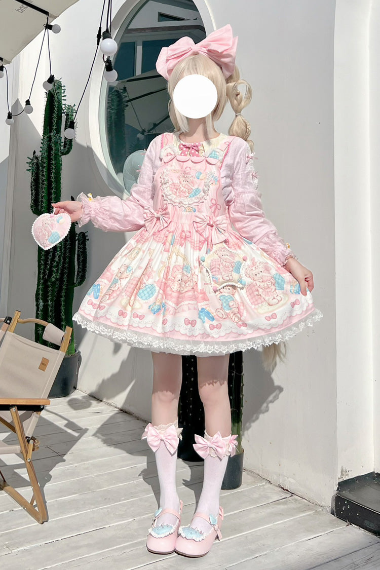 Kawaii Bears Print Pink Bowknot Stitching Lace Sweet Lolita Strap Dress - Product - 3