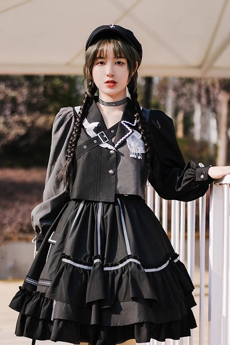 Black Night Talking Reflective Strip Long Sleeves Ruffle Pleated Gothic Lolita Dress Set - Product - 2