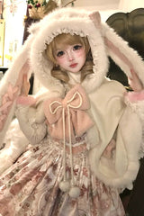 Ivory Cloud-Like Plush Bunny Ear Embroidered Bow Lace Sweet Lolita Cape Coat - Product - 2