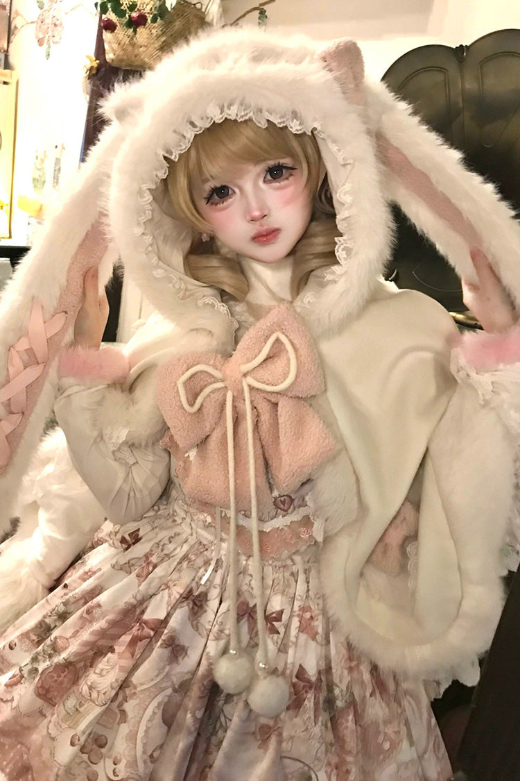Ivory Cloud-Like Plush Bunny Ear Embroidered Bow Lace Sweet Lolita Cape Coat - Product - 2