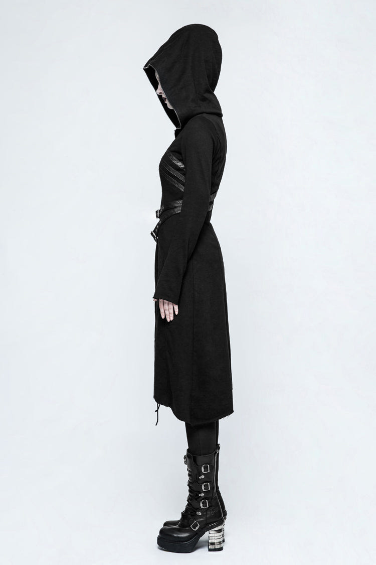 Black Long Sleeves Hooded Asymmetric Women's Gothic Military Coat With Belt - Product - 5