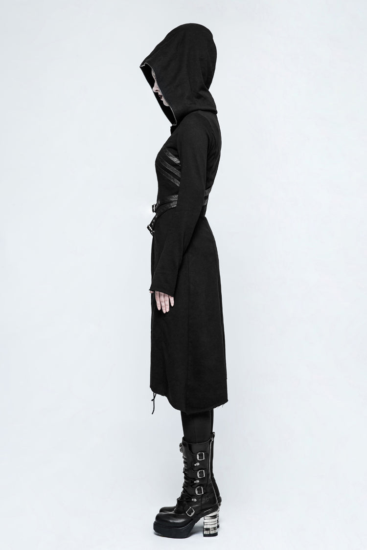 Black Long Sleeves Hooded Asymmetric Women's Gothic Military Coat With Belt - Product - 5