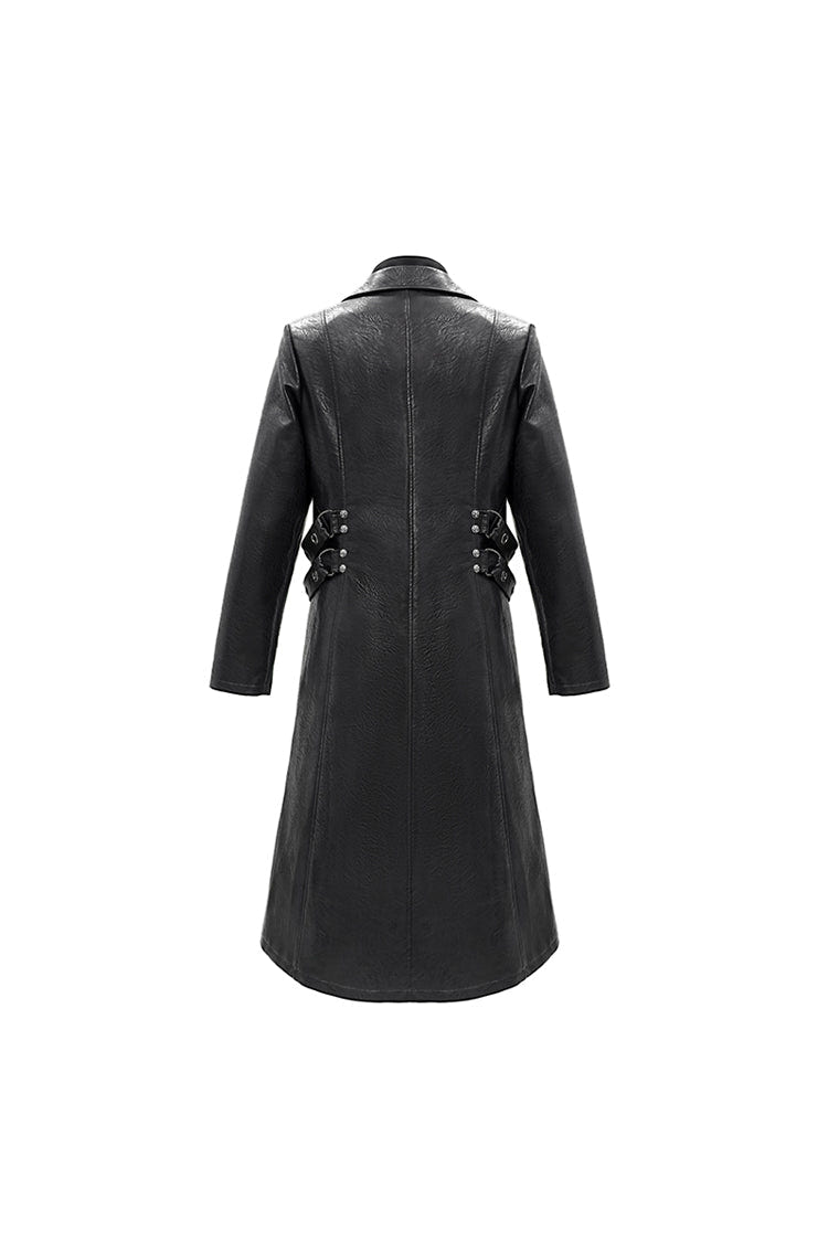 Black Stand Up Collar Waist Leather Hasp Leather Long Men's Punk Coat - Product - 7