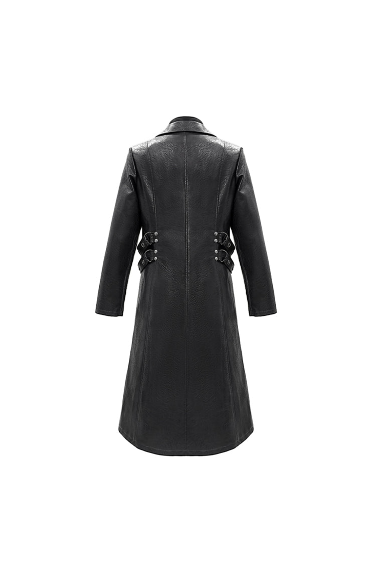 Black Stand Up Collar Waist Leather Hasp Leather Long Men's Punk Coat - Product - 7