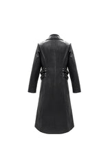 Black Stand Up Collar Waist Leather Hasp Leather Long Men's Punk Coat - Product - 7