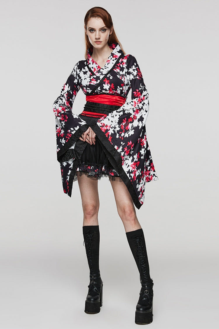 Multi-Color Long Sleeves Floral Print Ruffle Women's Gothic Dress with Skirt - Product - 4