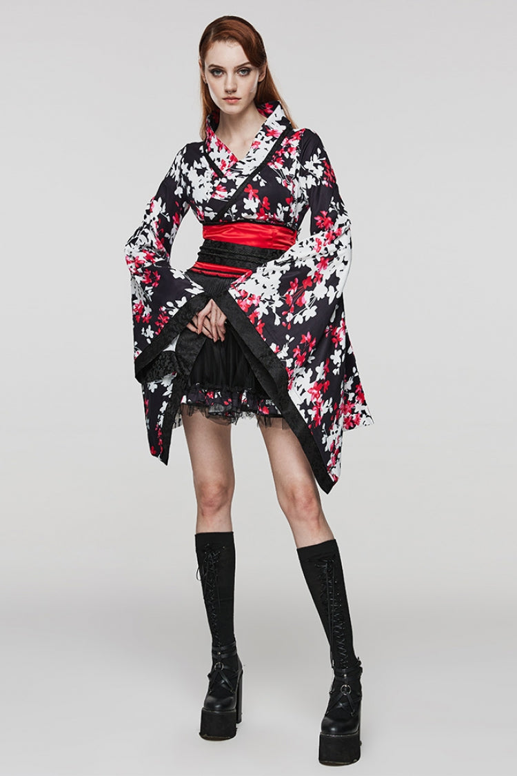 Multi-Color Long Sleeves Floral Print Ruffle Women's Gothic Dress with Skirt - Product - 4