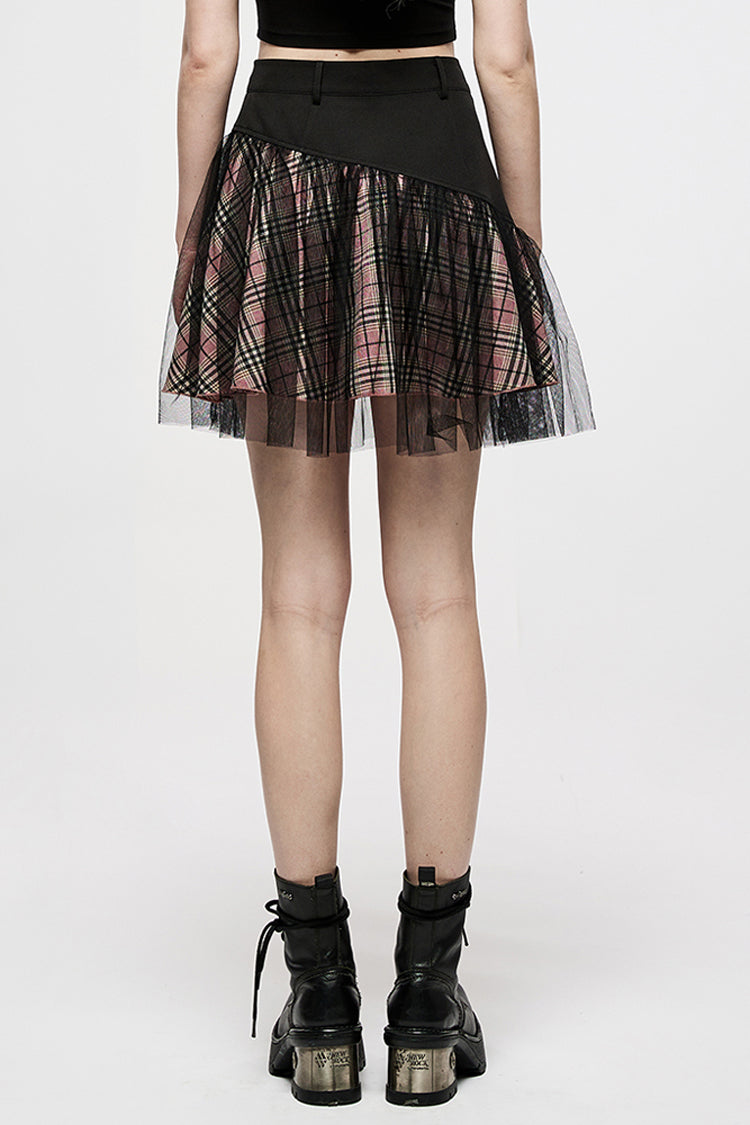Pink/Black Cotton Splicing Mesh Sweet Plaid Personalized Pocket Decoration Waist Punk Women's Short Skirt - Product - 3