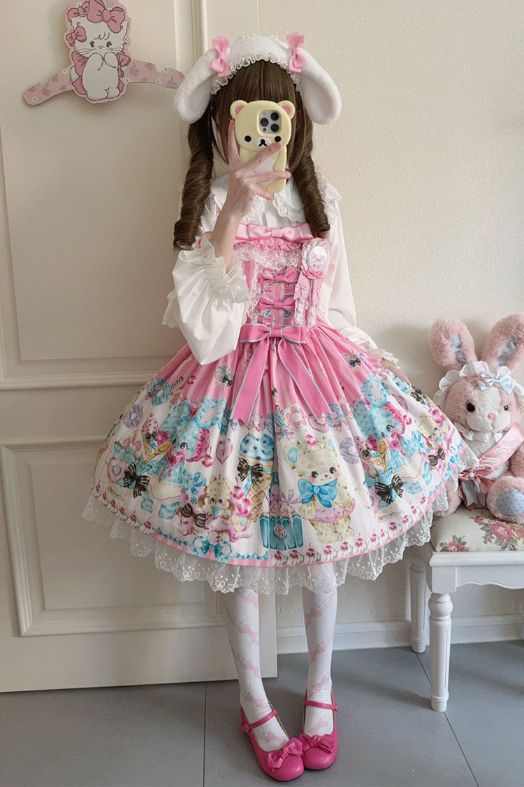 Pink [Floral Whisper] Bear Print Ruffle Bowknot Lace Sweet Princess Lolita Jsk Dress - Product - 4