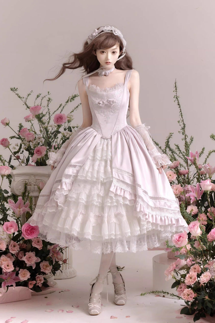 Pink [Promise of the Rose] Multi-Layered Ruffled Hanayome Open-Front Bow Sweet Gorgeous Lolita Jsk Dress Set - Pink - 1
