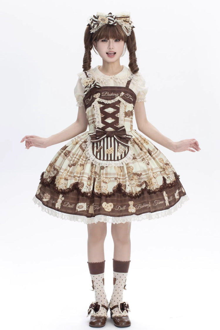 [Doll Tea Party] Sleeveless Print Ruffle Bowknot Lace-Up Sweet Lolita Jsk Dress 3 Colors - Khaki/Brown - 3