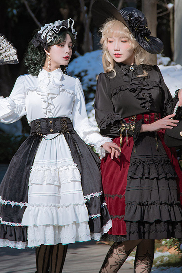 White/Black Stitching Cardigan Ruffled Multi-Layer Gothic Lolita Skirt Dress - Product - 4