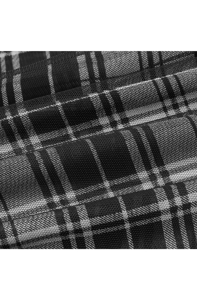 Black Metal Eyelets Shoulder Strap Irregular Hem Plaid Long Chiffon Women's Punk Slip Dress - Product - 8